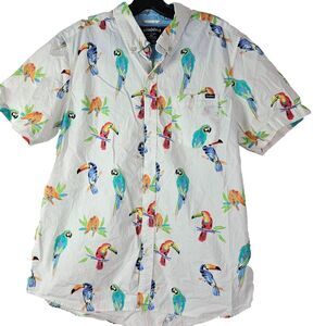 Chubbies Macaw Parrot Hawaiian Toucan Tropical Button Shirt Large Mens White SS